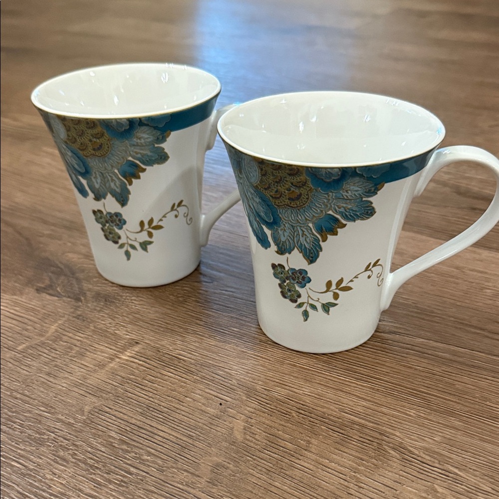 Set of TWO 222 Fifth Blue and Gold Floral Mugs Eliza Teal